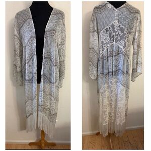 ASTR the Label Womens Geometric Print Lace Back Fringe Kimono  Small